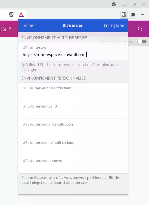 Paramétrage de l'URL dans l'extension